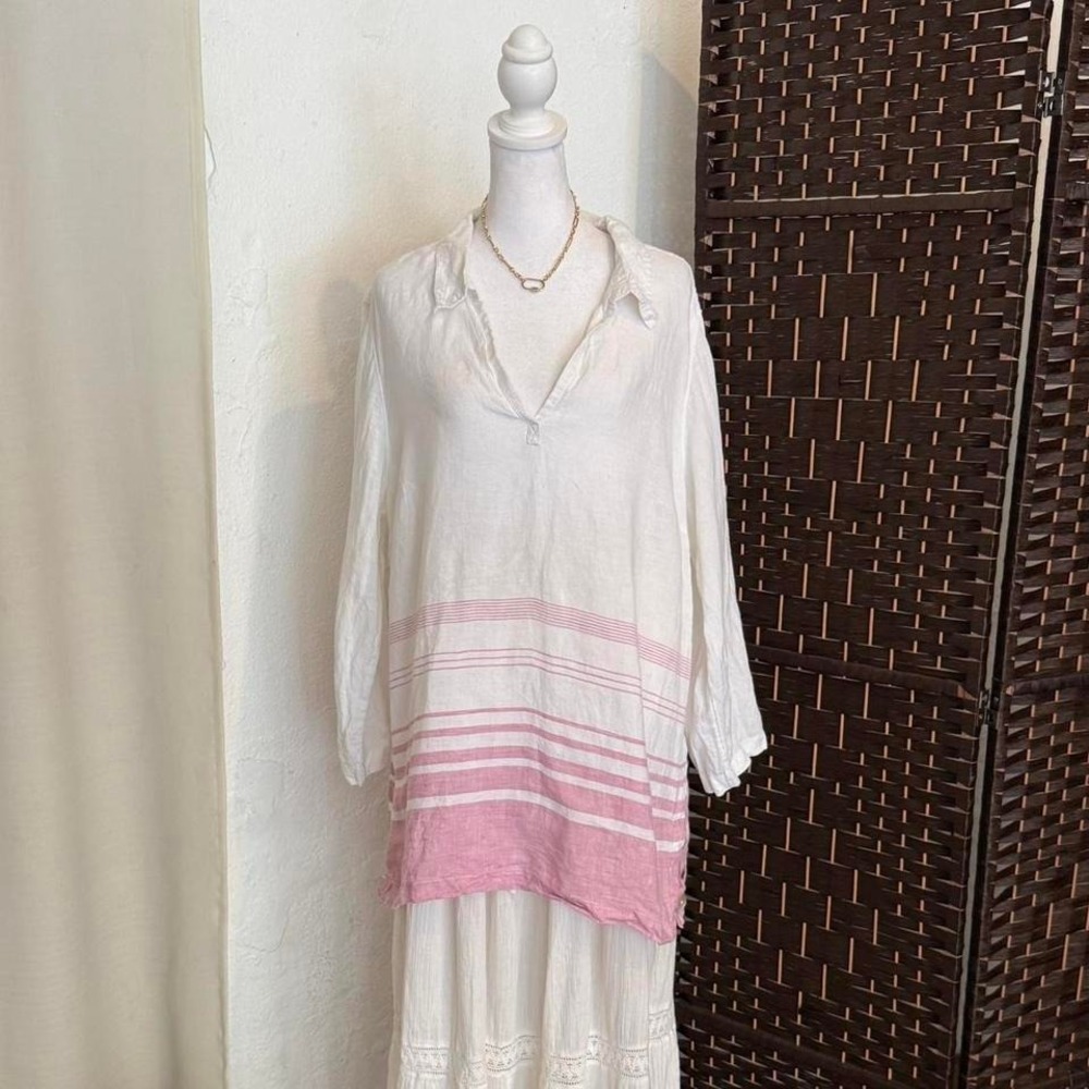 Women's Pink & White Striped Linen Tunic Top Size XL Summer Coastal Chic